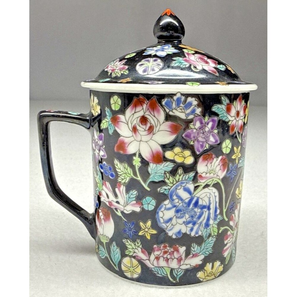 Jingdezhen Famille Noire Porcelain Tea Mug Covered Cup Chinese Floral Lid